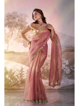 Kalista Fashion - Women Pink Organza Embellished Lace Work Saree With Unstitched Blouse