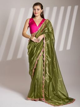 Kalista Fashion - Women Green Organza Lace Work Saree With Unstitched Blouse