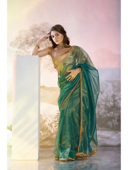 Kalista Fashion - Women Turquoise Organza Lace Work Saree With Unstitched Blouse