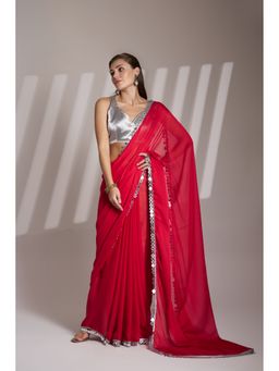 Kalista Fashion - Women Red Chiffon Lace Work Saree With Unstitched Blouse