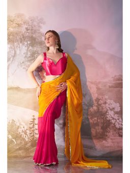 Kalista Fashion - Women Pink Georgette Colorblock Saree With Unstitched Blouse