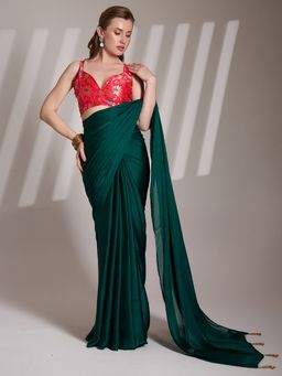 Kalista Fashion - Women Green Chiffon Tassels Saree With Unstitched Blouse