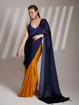Kalista Fashion - Women Navy Blue Chiffon Colorblock Saree With Unstitched Blouse