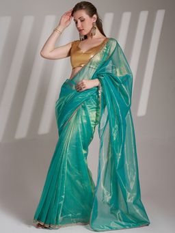 Kalista Fashion - Women Turquoise Organza Lace Work Saree With Unstitched Blouse