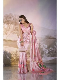 Kalista Fashion - Women Pink Cotton Blend Floral Printed Saree With Unstitched Blouse