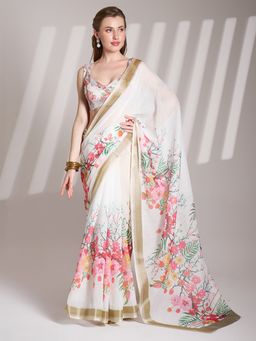 Kalista Fashion - Women White Linen Floral Printed Saree With Unstitched Blouse