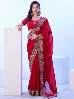 Kalista Fashion - Women Red Chiffon Embroidered Saree With Unstitched Blouse