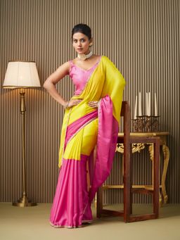 Kalista Fashion - Women Pink Chiffon Colorblock Saree With Unstitched Blouse