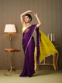 Kalista Fashion - Women Purple Chiffon Colorblock Saree With Unstitched Blouse