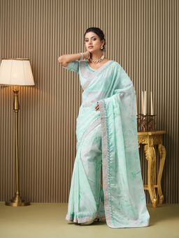 Kalista Fashion - Women Blue Organza Embroidered Saree With Unstitched Blouse