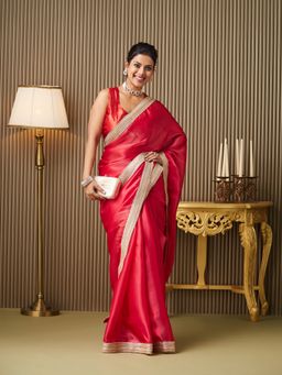 Kalista Fashion - Women Red Organza Lace Work Saree With Unstitched Blouse