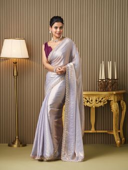 Kalista Fashion - Women Lavender Satin Lace Work Saree With Unstitched Blouse