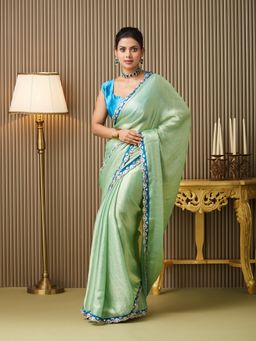 Kalista Fashion - Women Green Chiffon Embroidered Saree With Unstitched Blouse