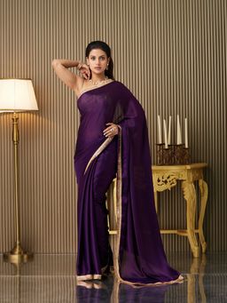 Kalista Fashion - Women Purple Satin Lace Work Saree With Unstitched Blouse