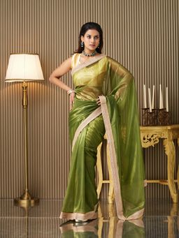 Kalista Fashion - Women Green Net Embellished Saree With Unstitched Blouse