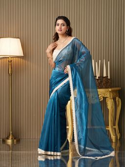 Kalista Fashion - Women Turquoise Organza Lace Work Saree With Unstitched Blouse