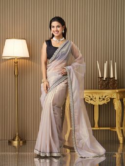 Kalista Fashion - Women Lavender Organza Embellished Saree With Unstitched Blouse