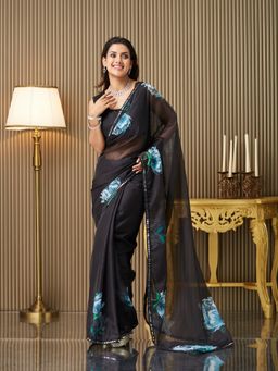 Kalista Fashion - Women Black Organza Floral Printed Saree With Unstitched Blouse