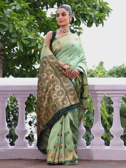 Kalista Fashion - Women Green Silk Blend Woven Zari Saree With Unstitched Blouse