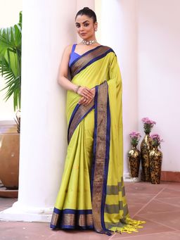 Kalista Fashion - Women Green Silk Blend Woven Zari Saree With Unstitched Blouse
