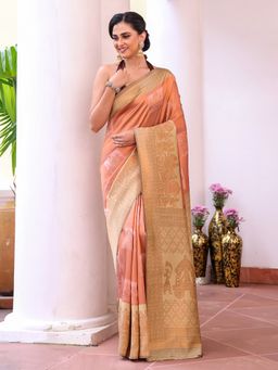 Kalista Fashion - Women Peach Silk Blend Woven Saree With Unstitched Blouse