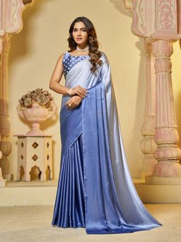 Garden VARELI - Women Blue Satin Ombre Saree with Unstitched Blouse