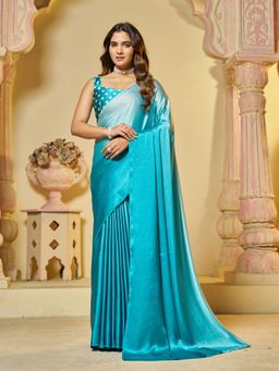 Garden VARELI - Women Aqua Blue Satin Ombre Saree with Unstitched Blouse
