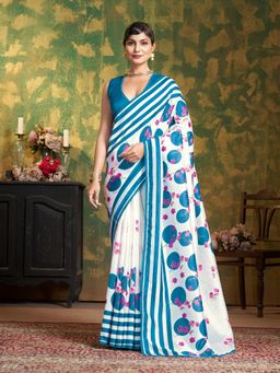 Garden VARELI - Women Blue Cationic Silk Floral Printed Saree with Unstitched Blouse
