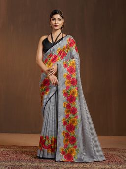 Garden VARELI - Women Black Silk Striped Printed Saree with Unstitched Blouse
