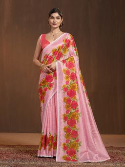 Garden VARELI - Women Pink Silk Striped Printed Saree with Unstitched Blouse