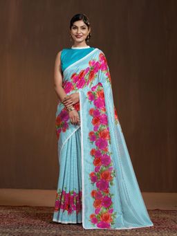 Garden VARELI - Women Teal Silk Striped Printed Saree with Unstitched Blouse