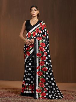 Garden VARELI - Women Black Silk Polka Dot Printed Saree with Unstitched Blouse