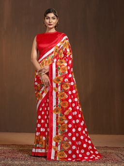 Garden VARELI - Women Red Silk Polka Dot Printed Saree with Unstitched Blouse