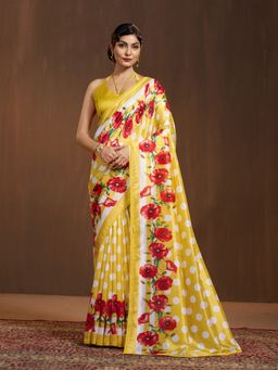 Garden VARELI - Women Yellow Silk Polka Dot Printed Saree with Unstitched Blouse