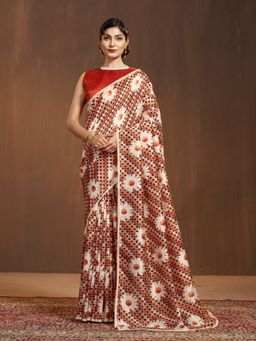 Garden VARELI - Women Brown Silk Checks Printed Saree with Unstitched Blouse