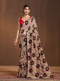 Garden VARELI - Women Red Cationic Silk Checks Printed Saree with Unstitched Blouse