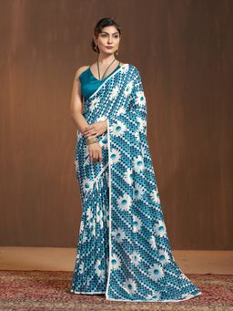 Garden VARELI - Women Teal Cationic Silk Checks Printed Saree with Unstitched Blouse