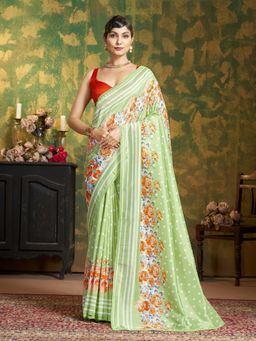 Garden VARELI - Women Green Silk Polka Dots Printed Saree with Unstitched Blouse