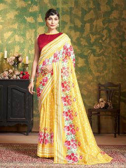Garden VARELI - Women Yellow Cationic Silk Polka Dots Saree with Unstitched Blouse