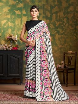 Garden VARELI - Women White Silk Floral Printed Saree with Unstitched Blouse