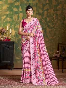 Garden VARELI - Women Magenta Silk Floral Printed Saree with Unstitched Blouse