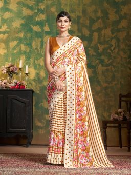 Garden VARELI - Women Beige Silk Floral Printed Saree with Unstitched Blouse