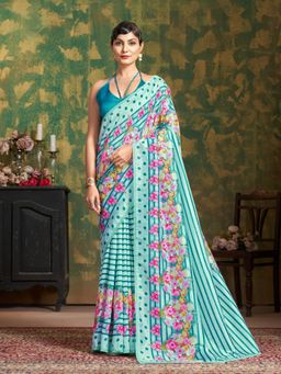 Garden VARELI - Women Teal Cationic Silk Floral Printed Saree with Unstitched Blouse