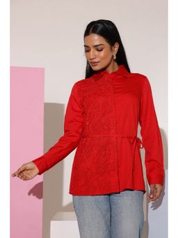 Zolo Label - Women Charming Red Cotton Embroidered Shirt