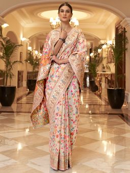 Akhilam - Women's Silk Blend Cream Woven Design Celebrity Saree With Blouse Piece with Unstitched