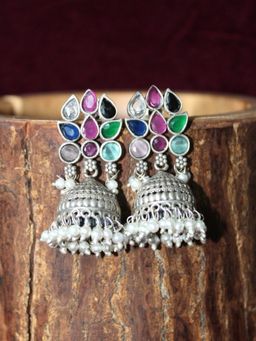 Spring Soul - Multicolour Stone Handcrafted Oxidised Jhumka Earrings