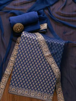 Koskii - Navy Blue Zariwork Banarasi Unstitched Salwar Suit (Set of Three)