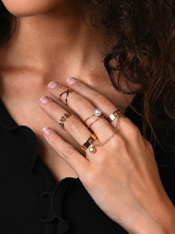 Sohi - Gold Plated White Pearls Beaded Finger Rings (Pack of 4)