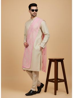 MUFFLY - Pink Men Thread Embroidery Work Cotton White Regular Dupatta
