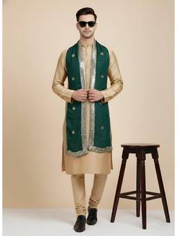 MUFFLY - Green Chiffon Embellished Dupatta With Gotta Work Stripes